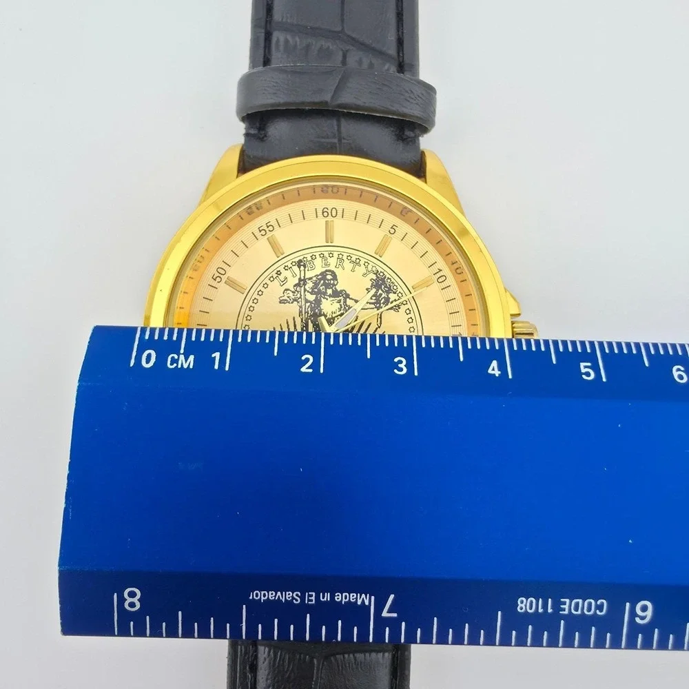 Lady Liberty Men's Watch Commemorative Double Gold Faux Leather Gold Tone 8.5